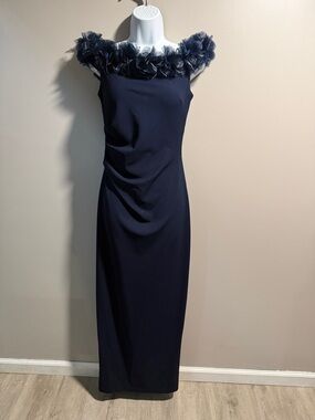 Xscape Navy Floral-Trim Column Gown